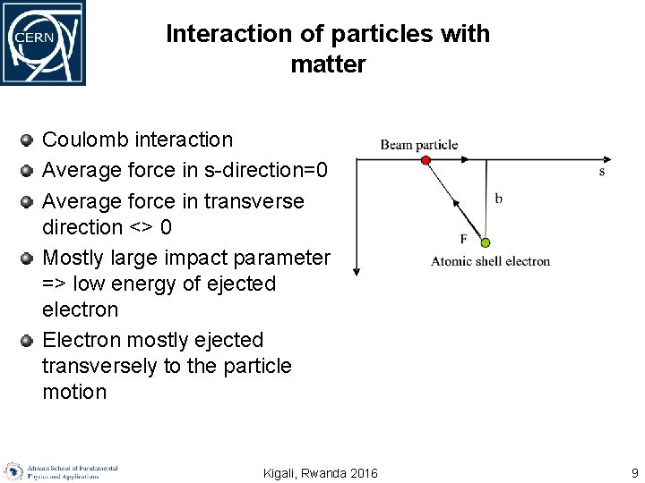 Interaction of particles with matter Coulomb interaction Average force in s-direction=0 Average force in