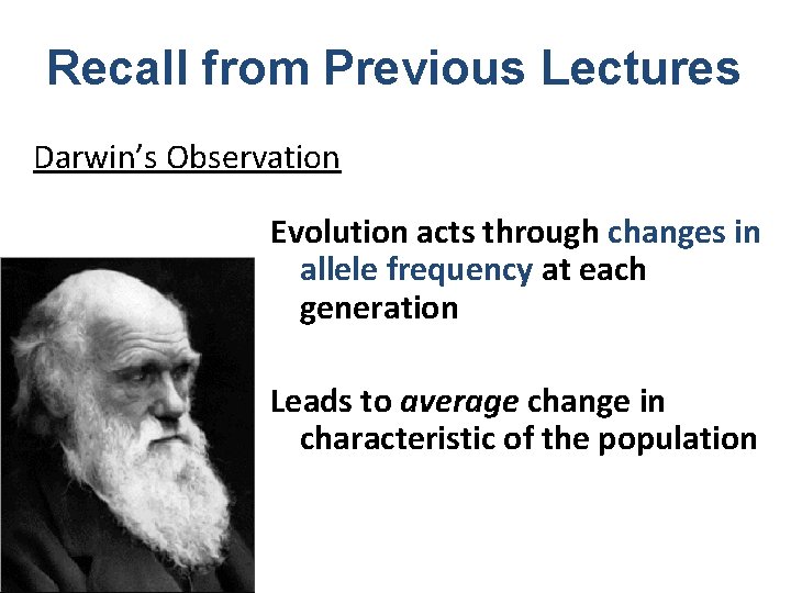 Recall from Previous Lectures Darwin’s Observation Evolution acts through changes in allele frequency at