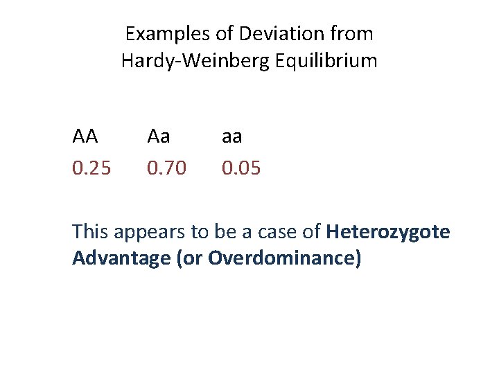 Examples of Deviation from Hardy-Weinberg Equilibrium AA 0. 25 Aa 0. 70 aa 0.