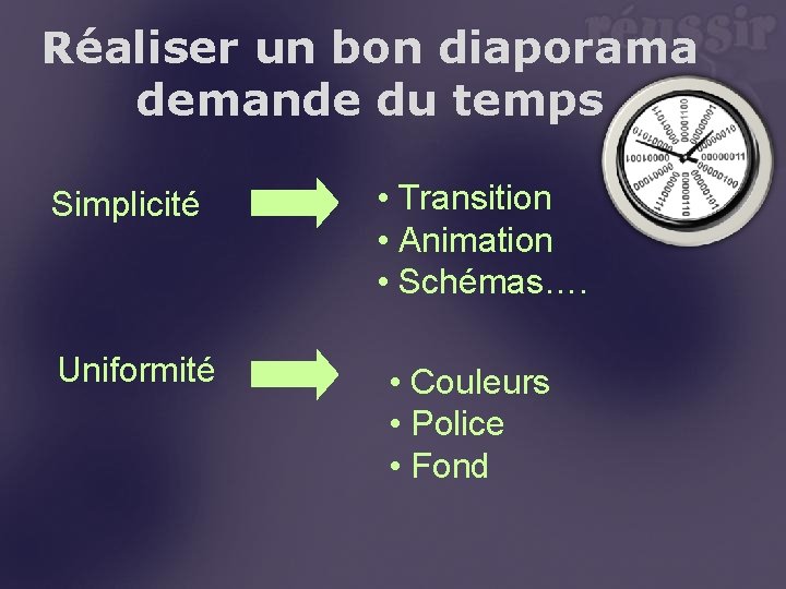 Réaliser un bon diaporama demande du temps Simplicité Uniformité • Transition • Animation •