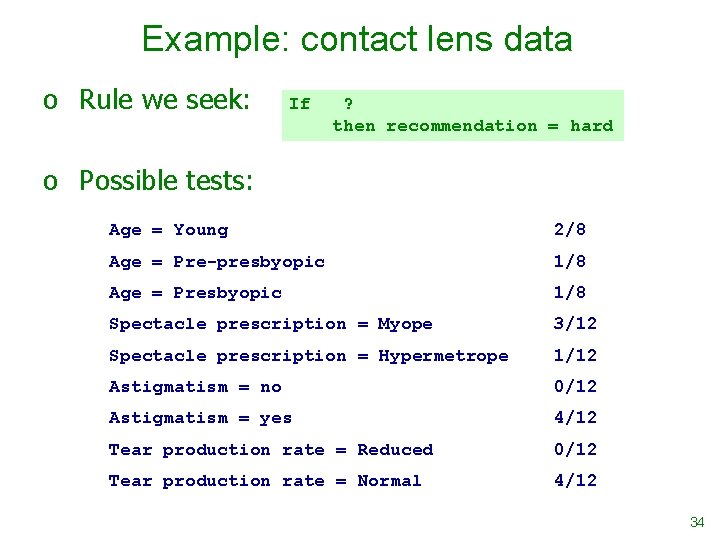 Example: contact lens data o Rule we seek: If ? then recommendation = hard