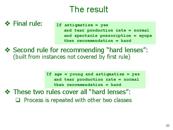 The result v Final rule: If astigmatism = yes and tear production rate =