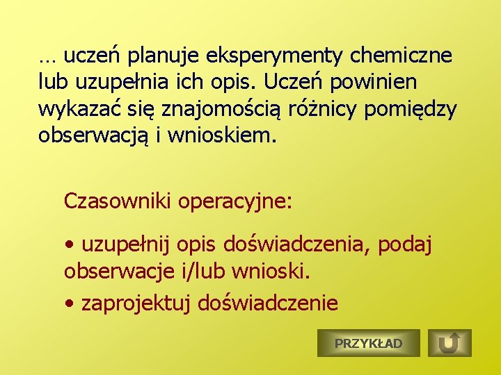 … uczeń planuje eksperymenty chemiczne lub uzupełnia ich opis. Uczeń powinien wykazać się znajomością