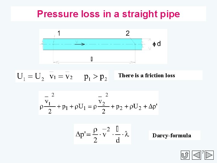 Pressure loss in a straight pipe There is a friction loss Darcy-formula 7 