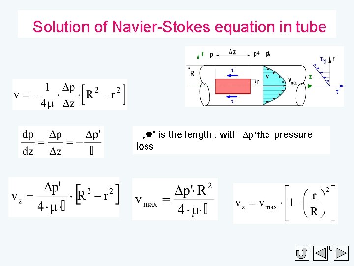 Solution of Navier-Stokes equation in tube „l" is the length , with Dp’the pressure