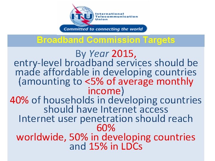 Broadband Commission Targets By Year 2015, entry-level broadband services should be made affordable in