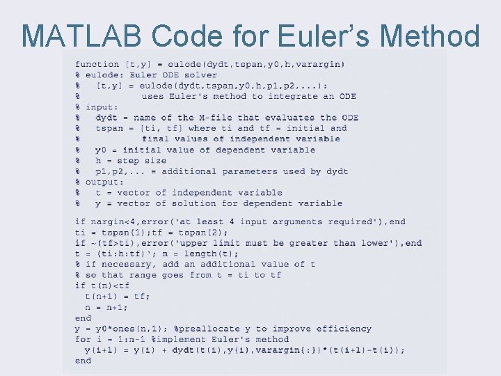 MATLAB Code for Euler’s Method 