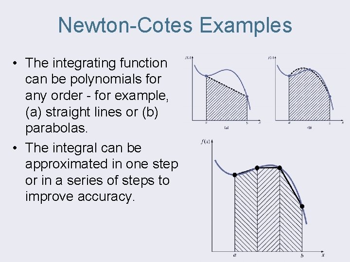 Newton-Cotes Examples • The integrating function can be polynomials for any order - for