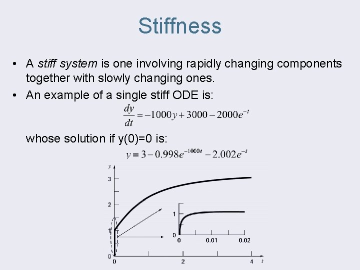 Stiffness • A stiff system is one involving rapidly changing components together with slowly