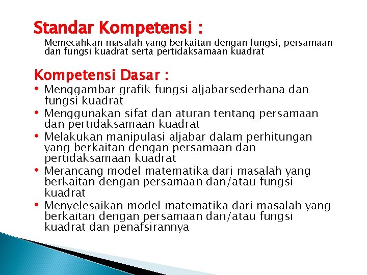 Standar Kompetensi : Memecahkan masalah yang berkaitan dengan fungsi, persamaan dan fungsi kuadrat serta