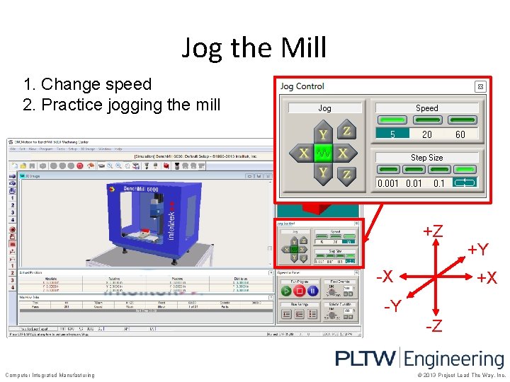 Jog the Mill 1. Change speed 2. Practice jogging the mill +Z -X +Y