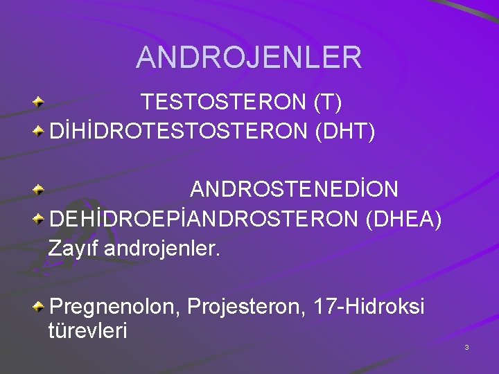 ANDROJENLER TESTOSTERON (T) DİHİDROTESTOSTERON (DHT) ANDROSTENEDİON DEHİDROEPİANDROSTERON (DHEA) Zayıf androjenler. Pregnenolon, Projesteron, 17 -Hidroksi