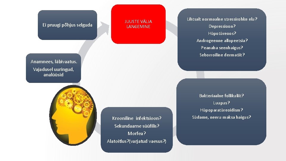 Ei pruugi põhjus selguda JUUSTE VÄLJA LANGEMINE Lihtsalt normaalne stressirohke elu? Depressioon? Hüpotüreoos? Androgeenne