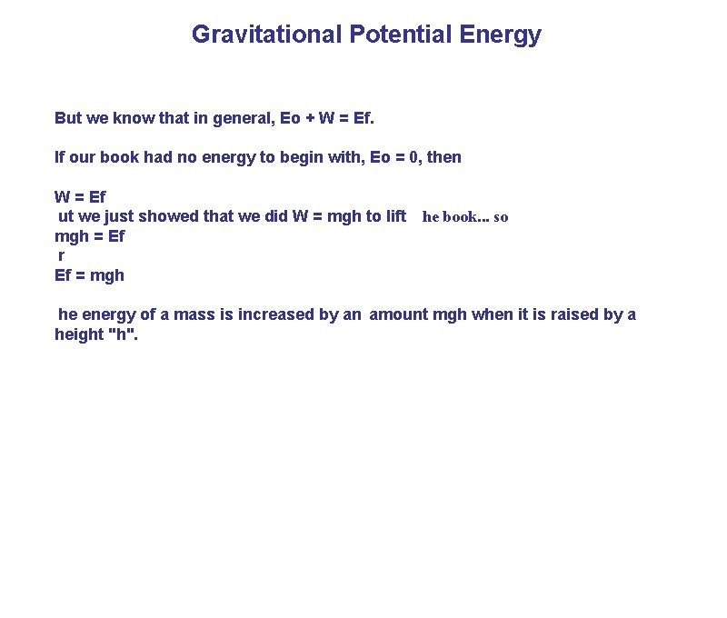Gravitational Potential Energy But we know that in general, Eo + W = Ef.
