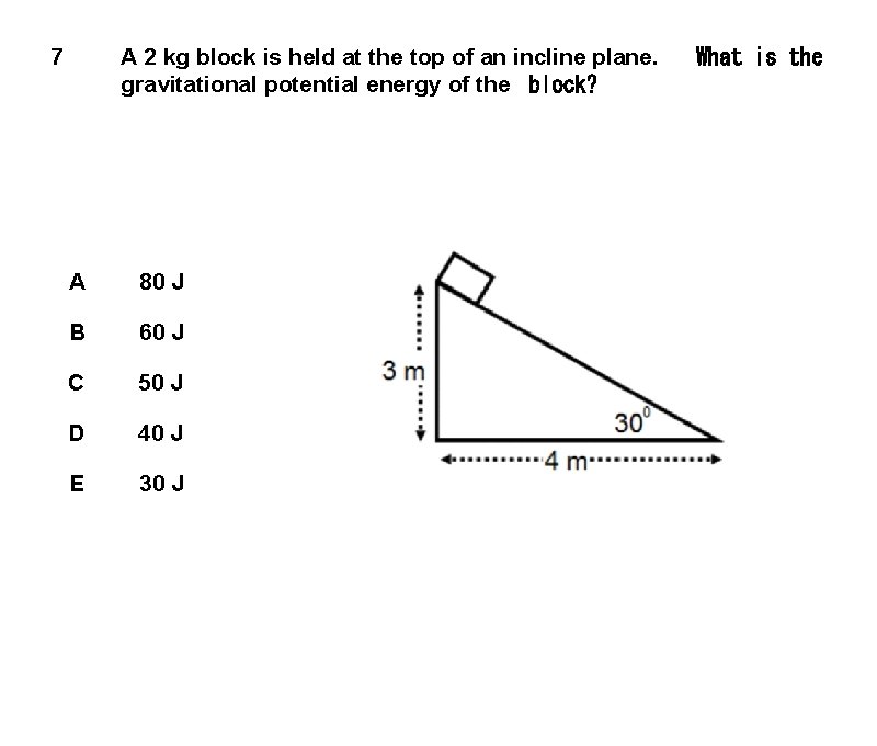 7 A 2 kg block is held at the top of an incline plane.