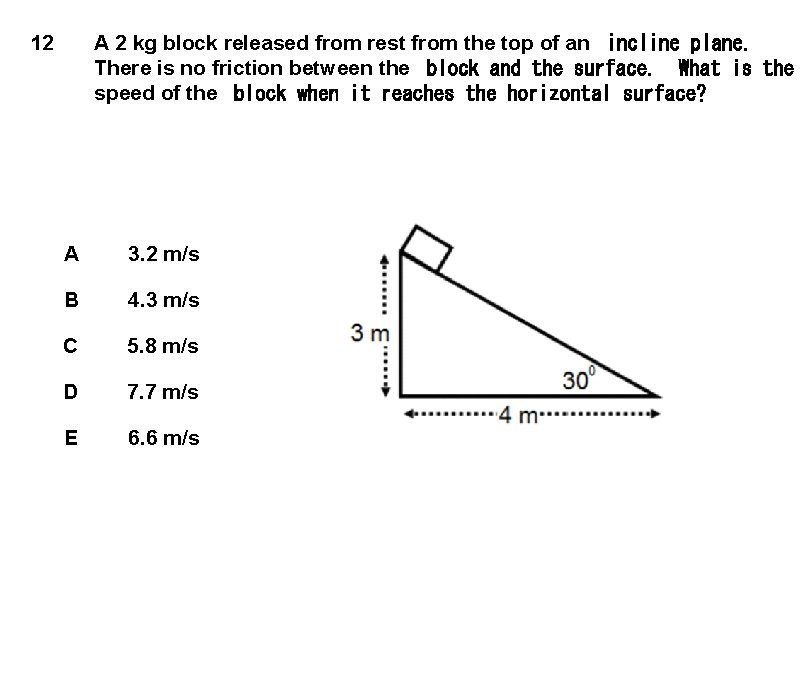 A 2 kg block released from rest from the top of an  incline plane.