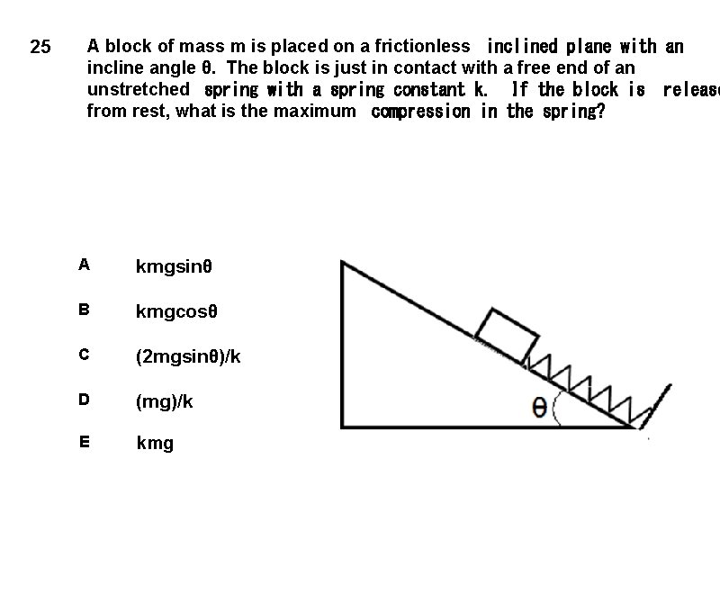 25 A block of mass m is placed on a frictionless  inclined plane with