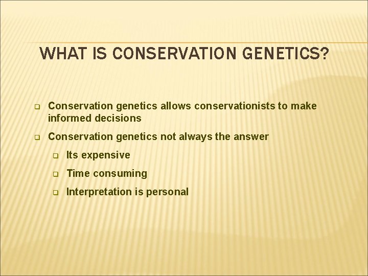 WHAT IS CONSERVATION GENETICS? q Conservation genetics allows conservationists to make informed decisions q