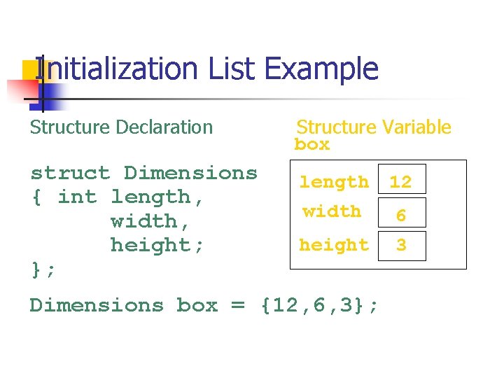 Initialization List Example Structure Declaration struct Dimensions { int length, width, height; }; Structure