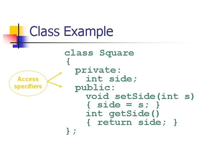 Class Example Access specifiers class Square { private: int side; public: void set. Side(int