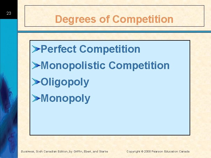 23 Degrees of Competition Perfect Competition Monopolistic Competition Oligopoly Monopoly Business, Sixth Canadian Edition, 23 Degrees of Competition Perfect Competition Monopolistic Competition Oligopoly Monopoly Business, Sixth Canadian Edition,