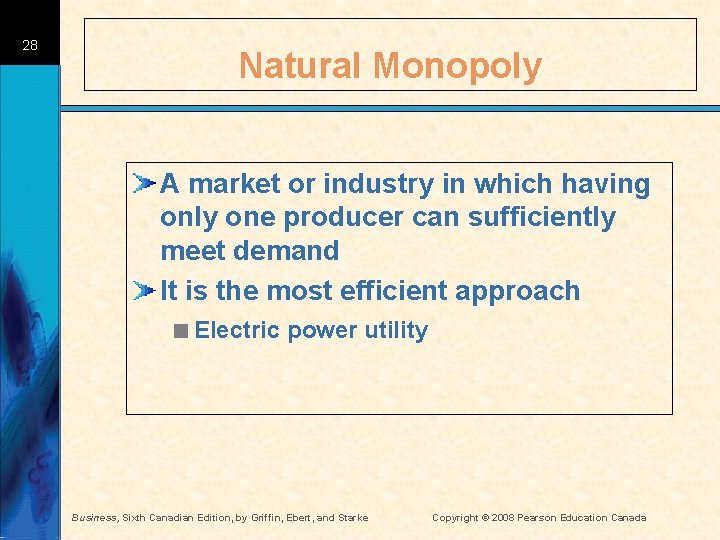 28 Natural Monopoly A market or industry in which having only one producer can