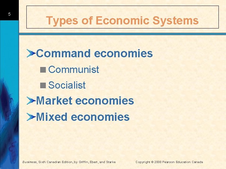 5 Types of Economic Systems Command economies <Communist <Socialist Market economies Mixed economies Business,