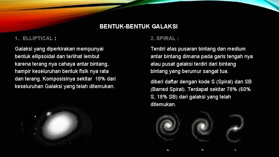 BENTUK-BENTUK GALAKSI 1. ELLIPTICAL : 2. SPIRAL : Galaksi yang diperkirakan mempunyai bentuk ellipsoidal