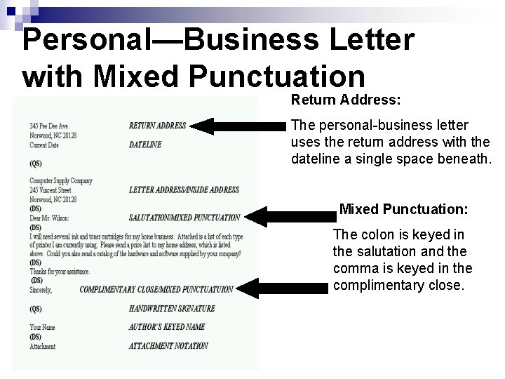 Personal—Business Letter with Mixed Punctuation Return Address: The personal-business letter uses the return address