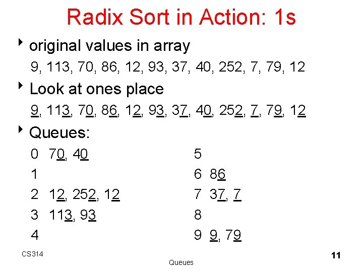 Radix Sort in Action: 1 s 8 original values in array 9, 113, 70,