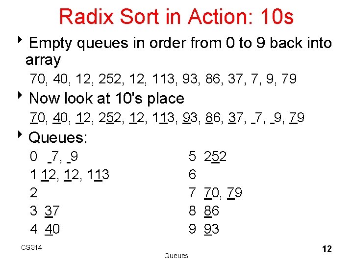 Radix Sort in Action: 10 s 8 Empty queues in order from 0 to