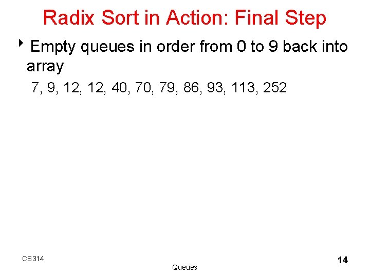 Radix Sort in Action: Final Step 8 Empty queues in order from 0 to