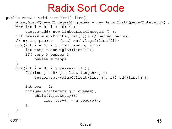 Radix Sort Code public static void sort(int[] list){ Array. List<Queue<Integer>> queues = new Array.