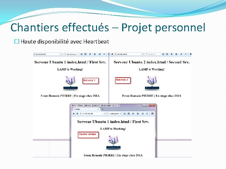 Chantiers effectués – Projet personnel � Haute disponibilité avec Heartbeat Chantiers effectués – Projet personnel � Haute disponibilité avec Heartbeat