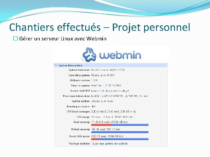 Chantiers effectués – Projet personnel � Gérer un serveur Linux avec Webmin Chantiers effectués – Projet personnel � Gérer un serveur Linux avec Webmin