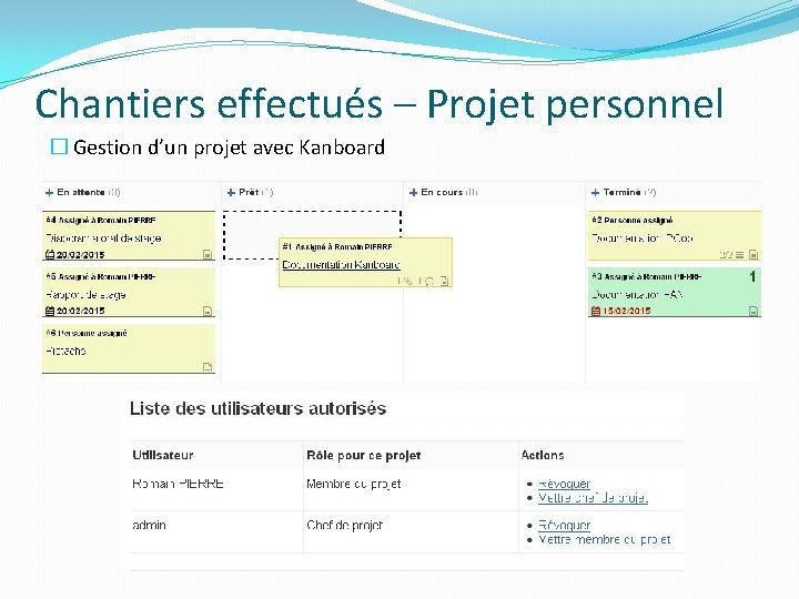 Chantiers effectués – Projet personnel � Gestion d’un projet avec Kanboard Chantiers effectués – Projet personnel � Gestion d’un projet avec Kanboard