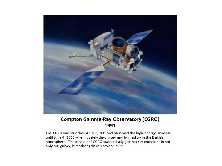 Compton Gamma-Ray Observatory (CGRO) 1991 The CGRO was launched April 7, 1991 and observed