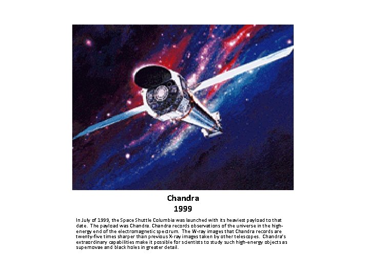 Chandra 1999 In July of 1999, the Space Shuttle Columbia was launched with its