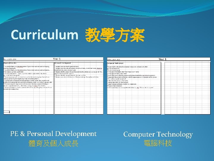 Curriculum 教學方案 PE & Personal Development 體育及個人成長 Computer Technology 電腦科技 