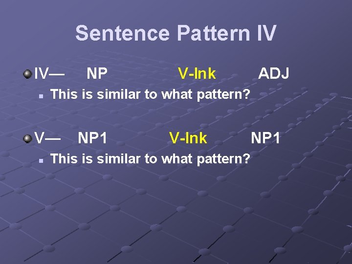 Sentence Pattern IV IV— n V-lnk ADJ This is similar to what pattern? V—