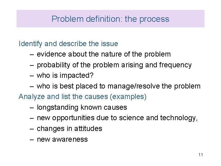 Problem definition: the process Identify and describe the issue – evidence about the nature