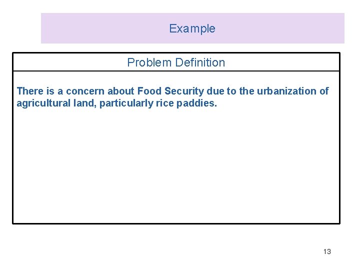 Example Problem Definition There is a concern about Food Security due to the urbanization