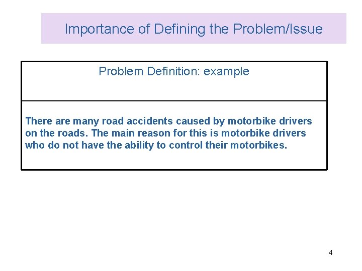 Importance of Defining the Problem/Issue Problem Definition: example There are many road accidents caused
