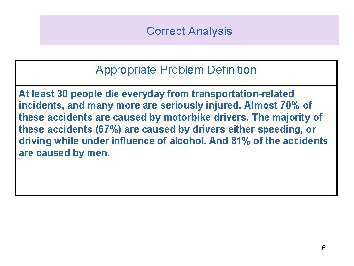 Correct Analysis Appropriate Problem Definition At least 30 people die everyday from transportation-related incidents,