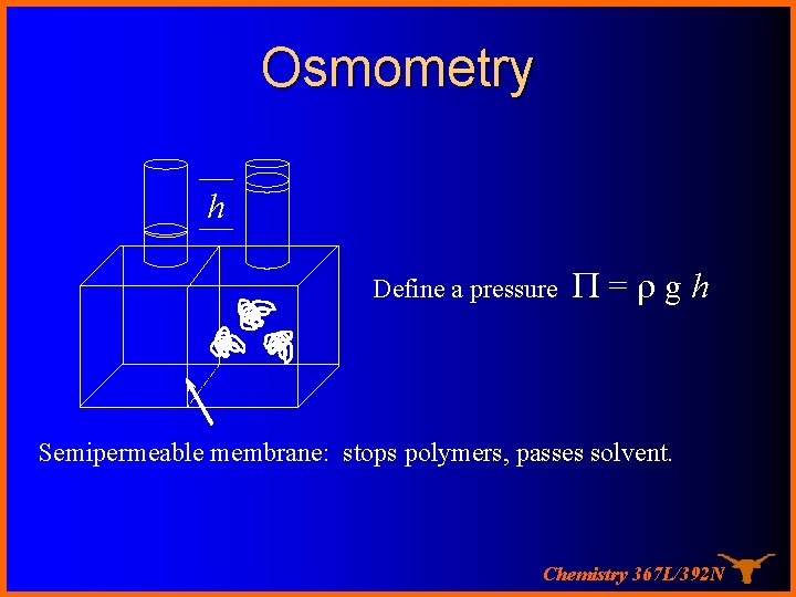 Osmometry h Define a pressure P=rgh Semipermeable membrane: stops polymers, passes solvent. Chemistry 367