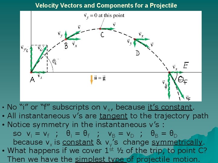 Velocity Vectors and Components for a Projectile • No “i” or “f” subscripts on