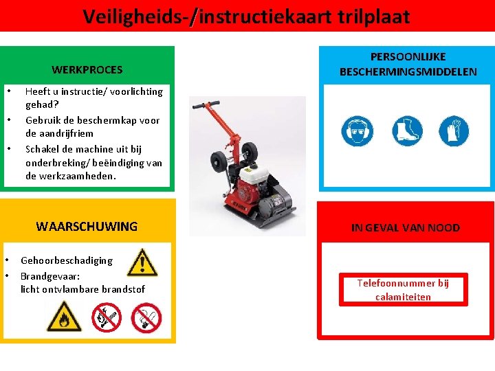 Veiligheids-/instructiekaart trilplaat WERKPROCES • • • Heeft u instructie/ voorlichting gehad? Gebruik de beschermkap