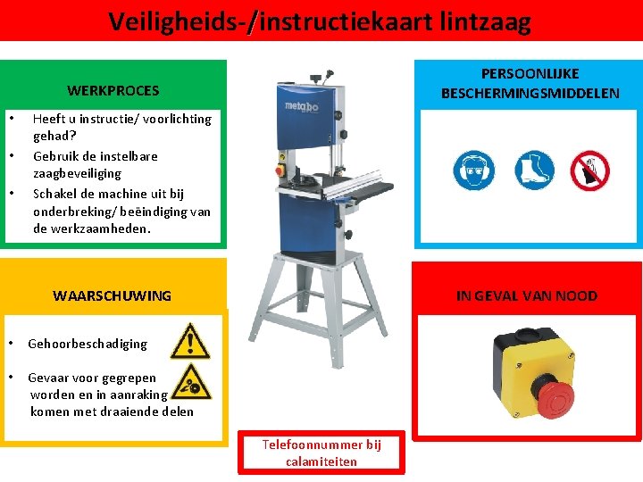 Veiligheids-/instructiekaart lintzaag PERSOONLIJKE BESCHERMINGSMIDDELEN WERKPROCES • • • Heeft u instructie/ voorlichting gehad? Gebruik