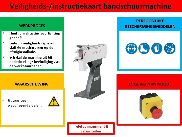 Veiligheids-/instructiekaart bandschuurmachine PERSOONLIJKE BESCHERMINGSMIDDELEN WERKPROCES • • • Heeft u instructie/ voorlichting gehad? Gebruik