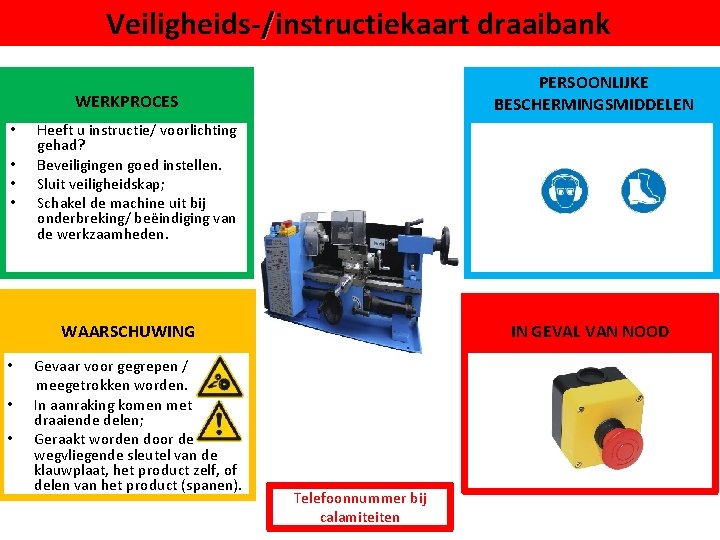 Veiligheids-/instructiekaart draaibank PERSOONLIJKE BESCHERMINGSMIDDELEN WERKPROCES • • Heeft u instructie/ voorlichting gehad? Beveiligingen goed